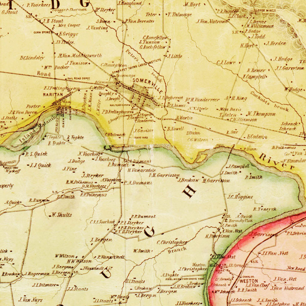 Restored historic details from the 1850 county map of Somerset County, New Jersey