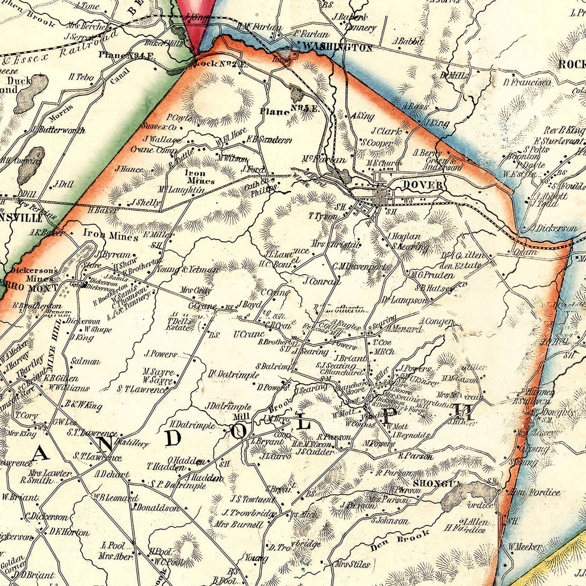 Restored historic details from the 1853 county map of Morris County, New Jersey