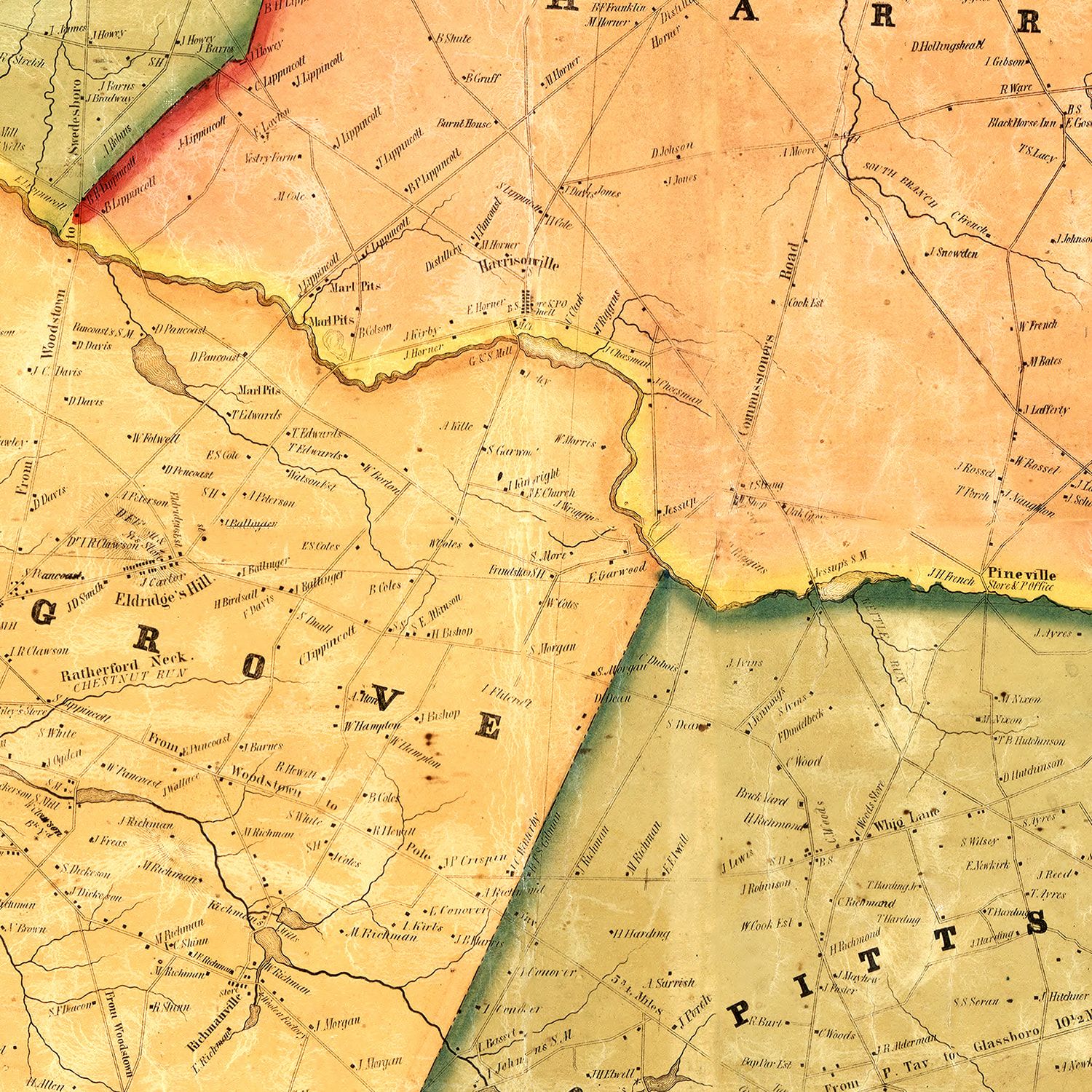 Restored historic details from the 1849 county map of Gloucester County, New Jersey