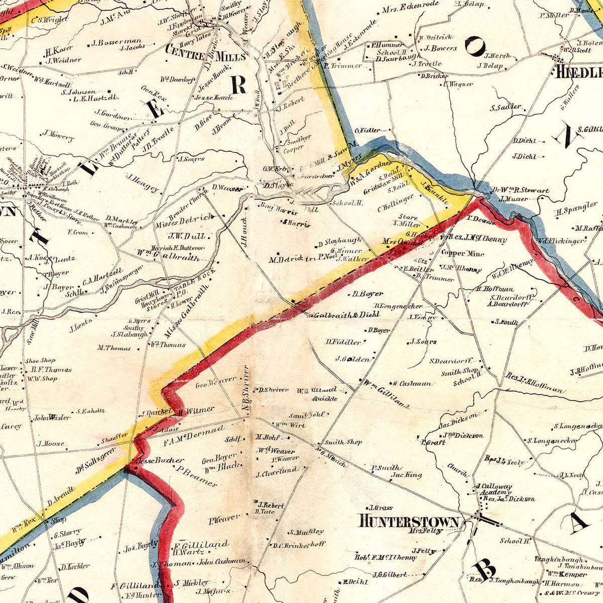 Restored historic details from the 1858 county map of Adams County, New Jersey
