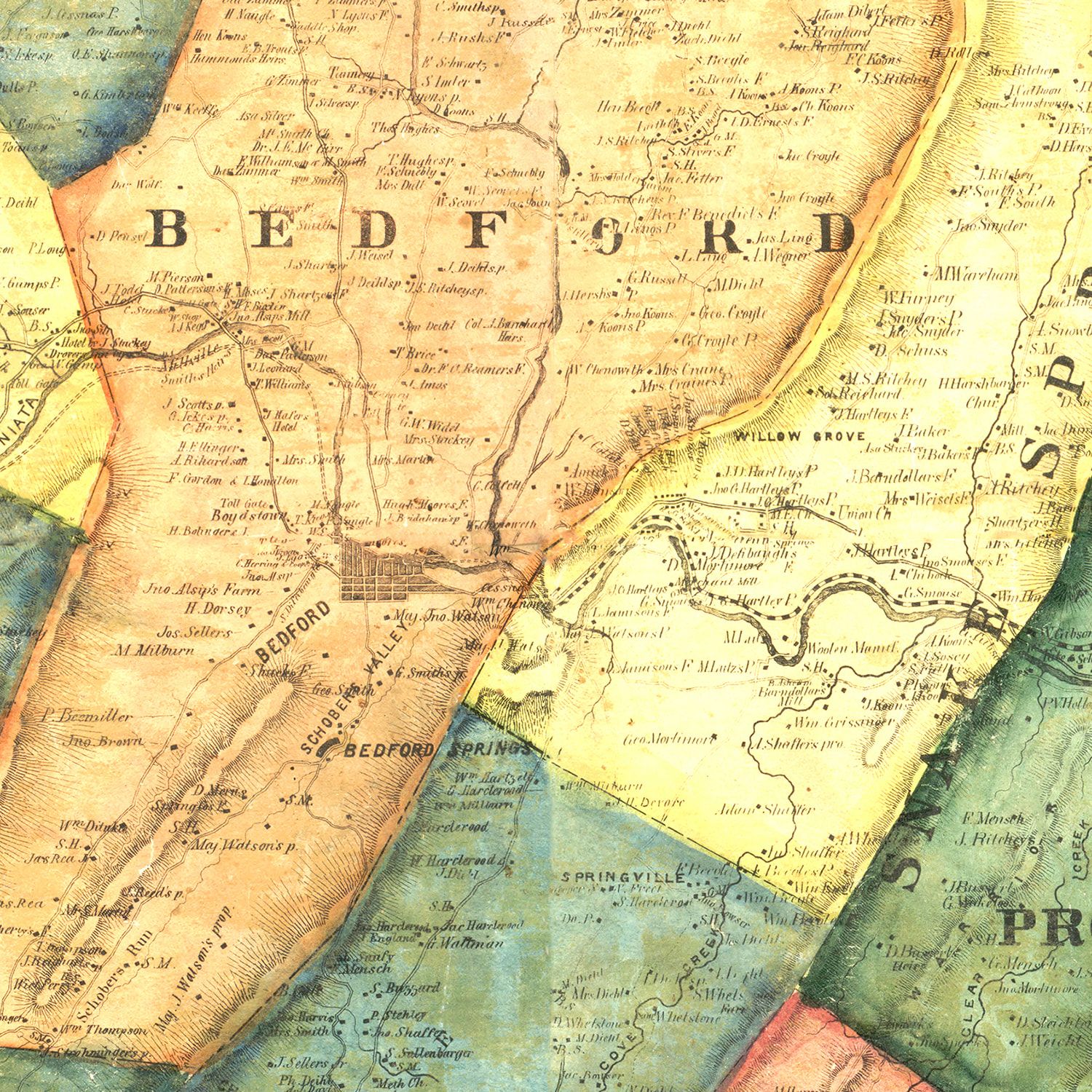Restored historic details from the 1861 county map of Bedford County, Pennsylvania