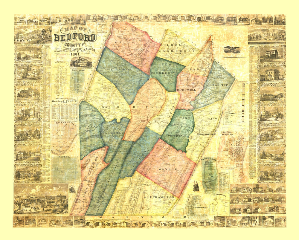 Vintage Map of Bedford County, Pennsylvania 1861 print style example