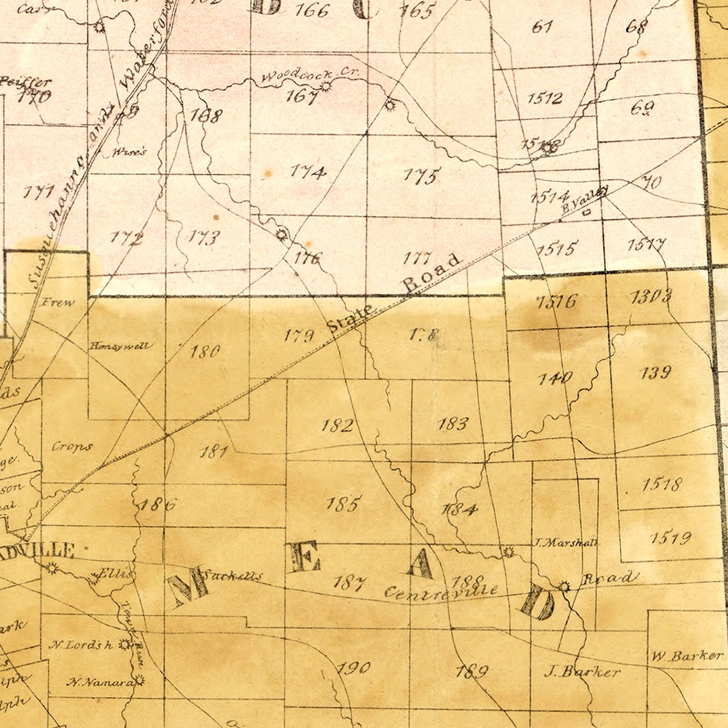 Restored historic details from the 1839 county map of Crawford County, Pennsylvania