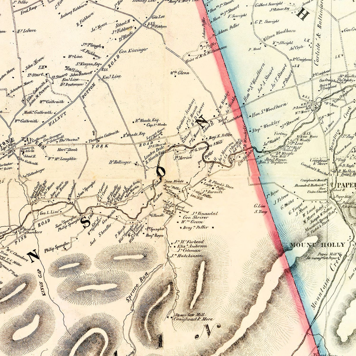 Restored historic details from the 1858 county map of Cumberland County, Pennsylvania