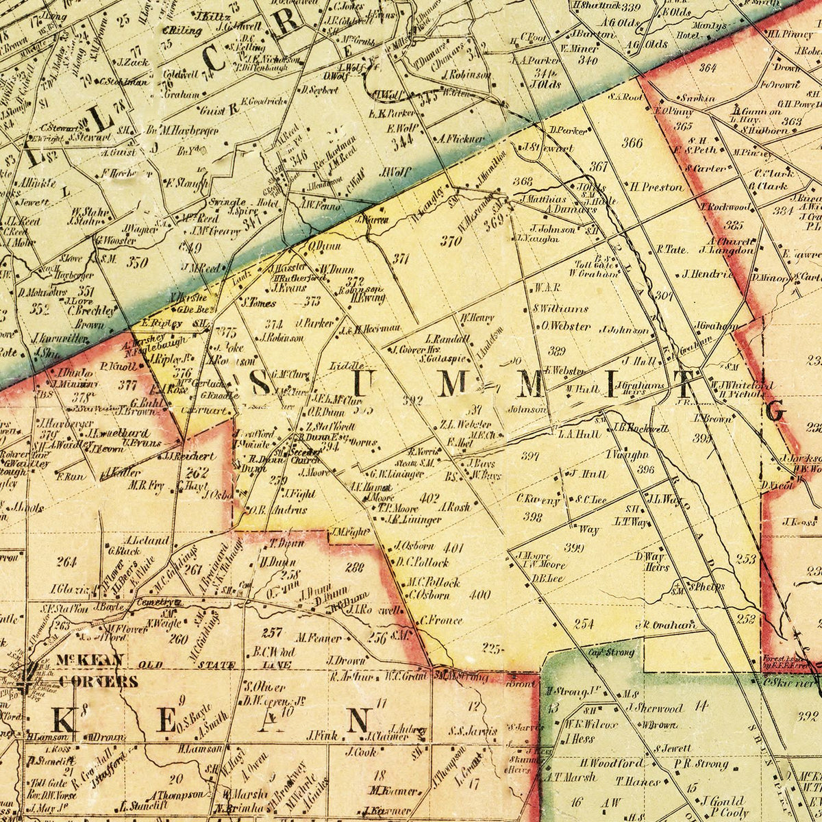 Restored historic details from the 1855 county map of Erie County, Pennsylvania