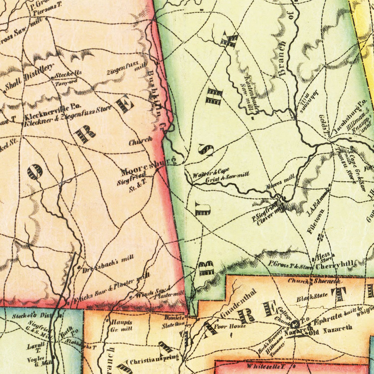 Restored historic details from the 1851 county map of Northampton County, Pennsylvania