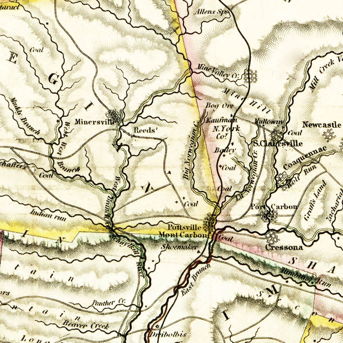 Restored historic details from the 1830 county map of Schuylkill County, Pennsylvania