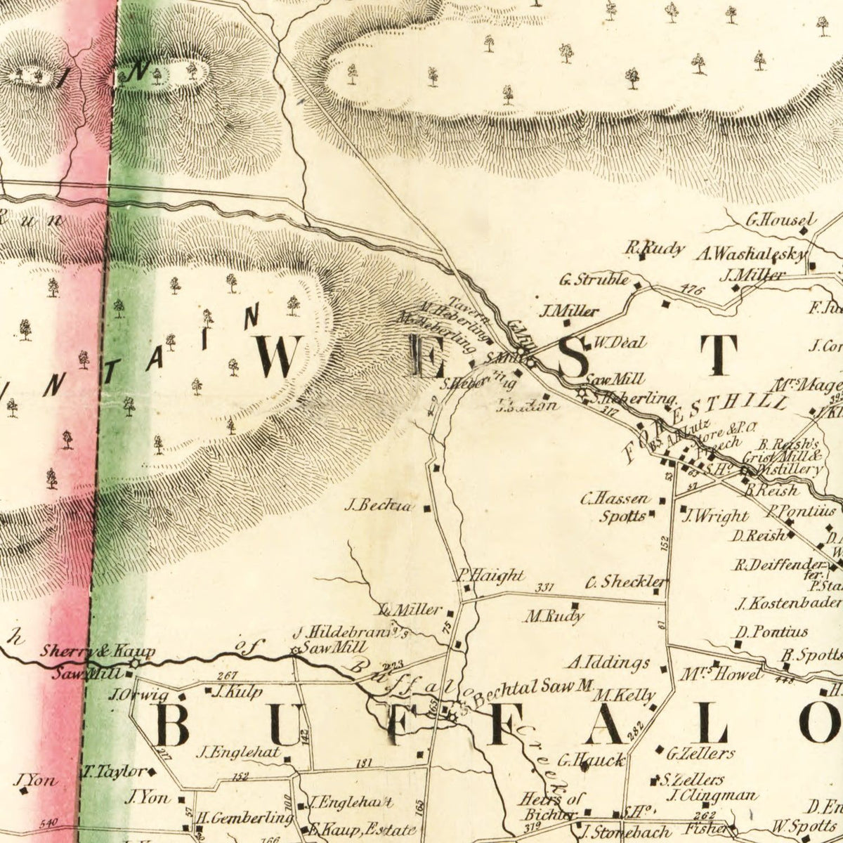 Restored historic details from the 1856 county map of Union County, Pennsylvania