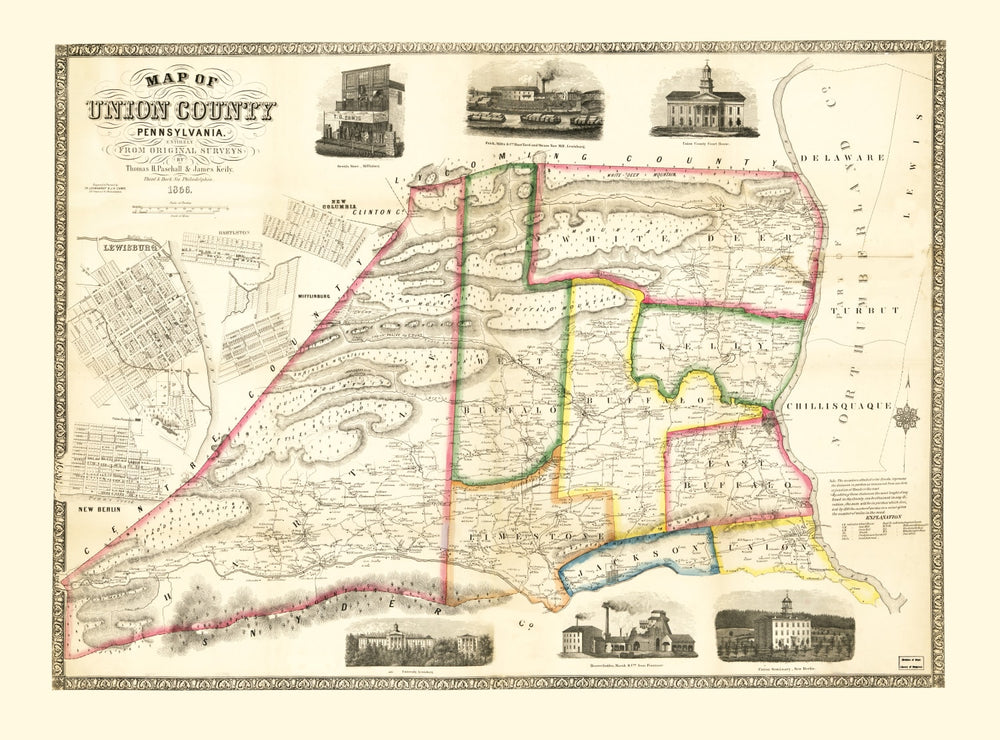 Vintage Map of Union County, Pennsylvania 1856 print style example