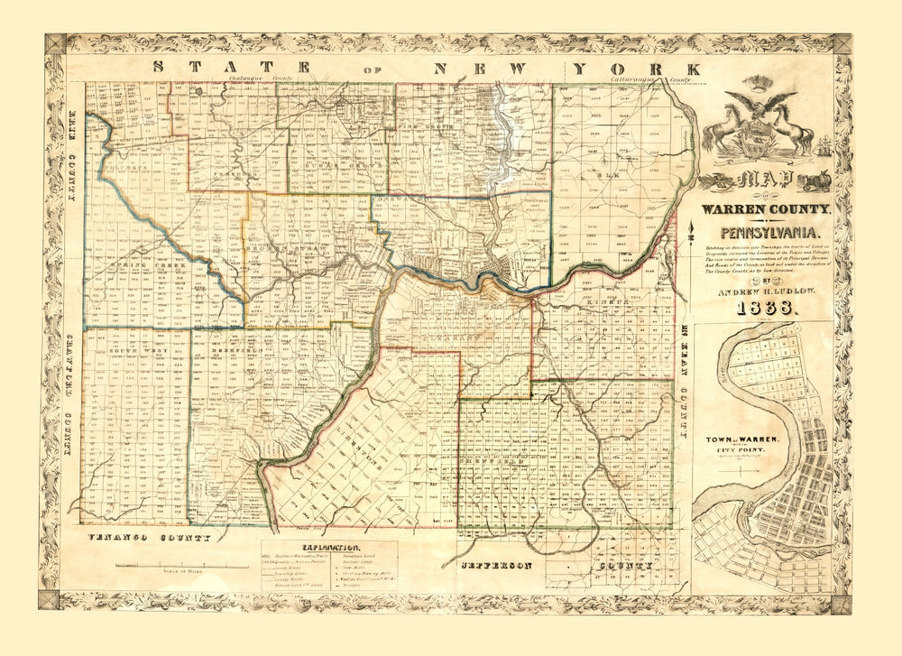 Vintage Map of Warren County, Pennsylvania 1838 print style example