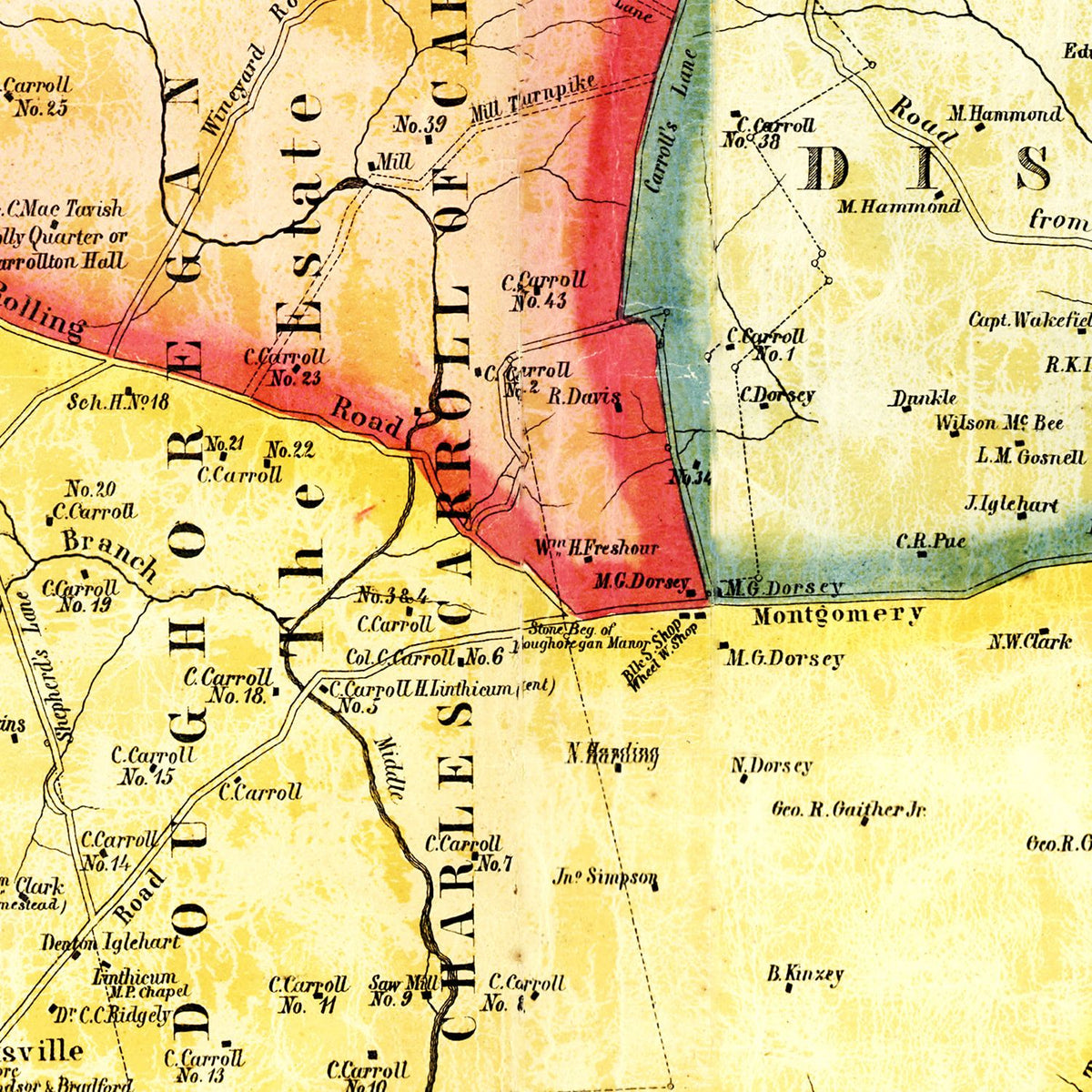 Restored historic details from the 1860 county map of Howard County, Maryland