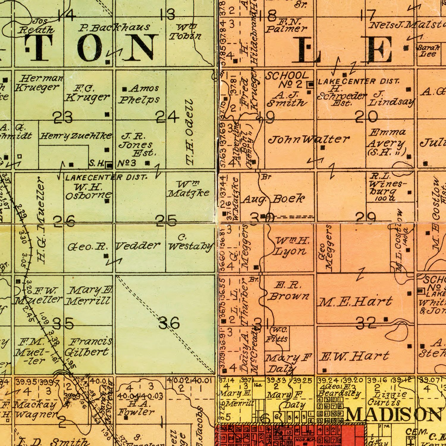 Restored historic details from the 1899 county map of Lake County, South Dakota