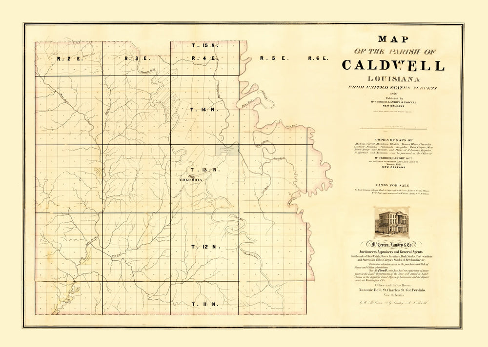 Vintage Map of Caldwell Parish, Louisiana 1860 print style example