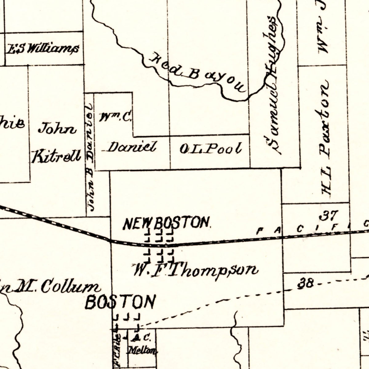 Restored historic details from the 1894 county map of Bowie County, Texas