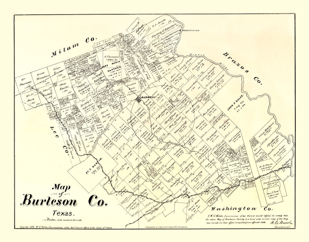 Vintage Map of Burleson County, Texas 1879 print style example