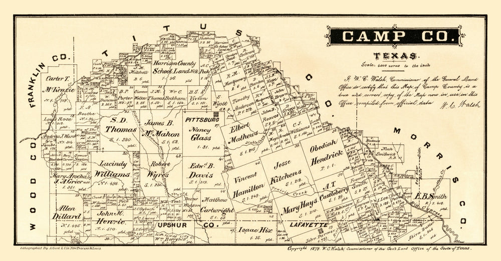Vintage Map of Camp County, Texas 1879 print style example