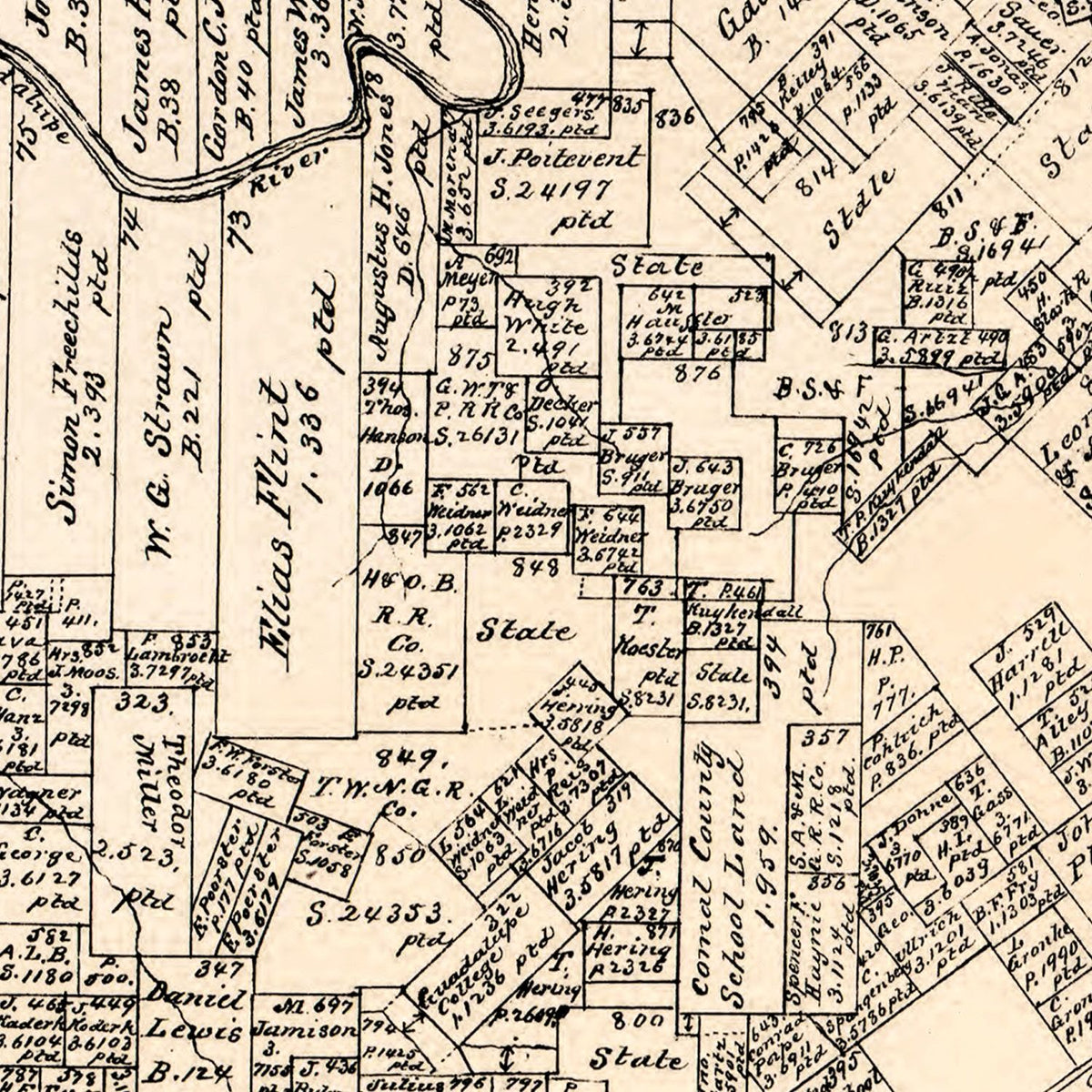 Restored historic details from the 1879 county map of Comal County, Texas
