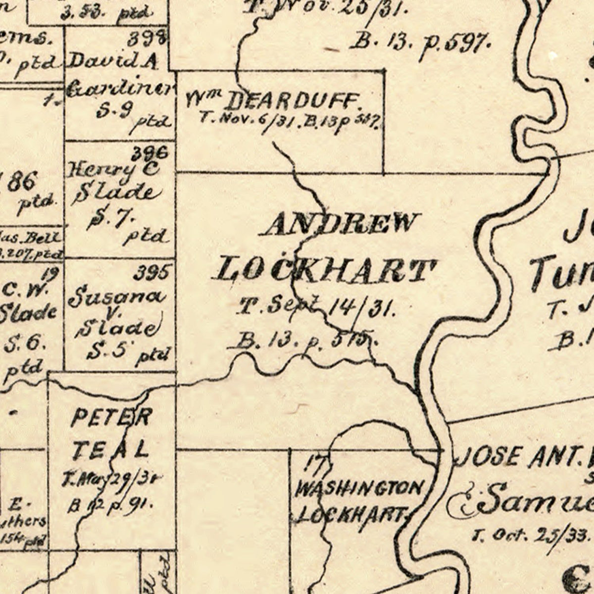 Restored historic details from the 1881 county map of De Witt County, Texas
