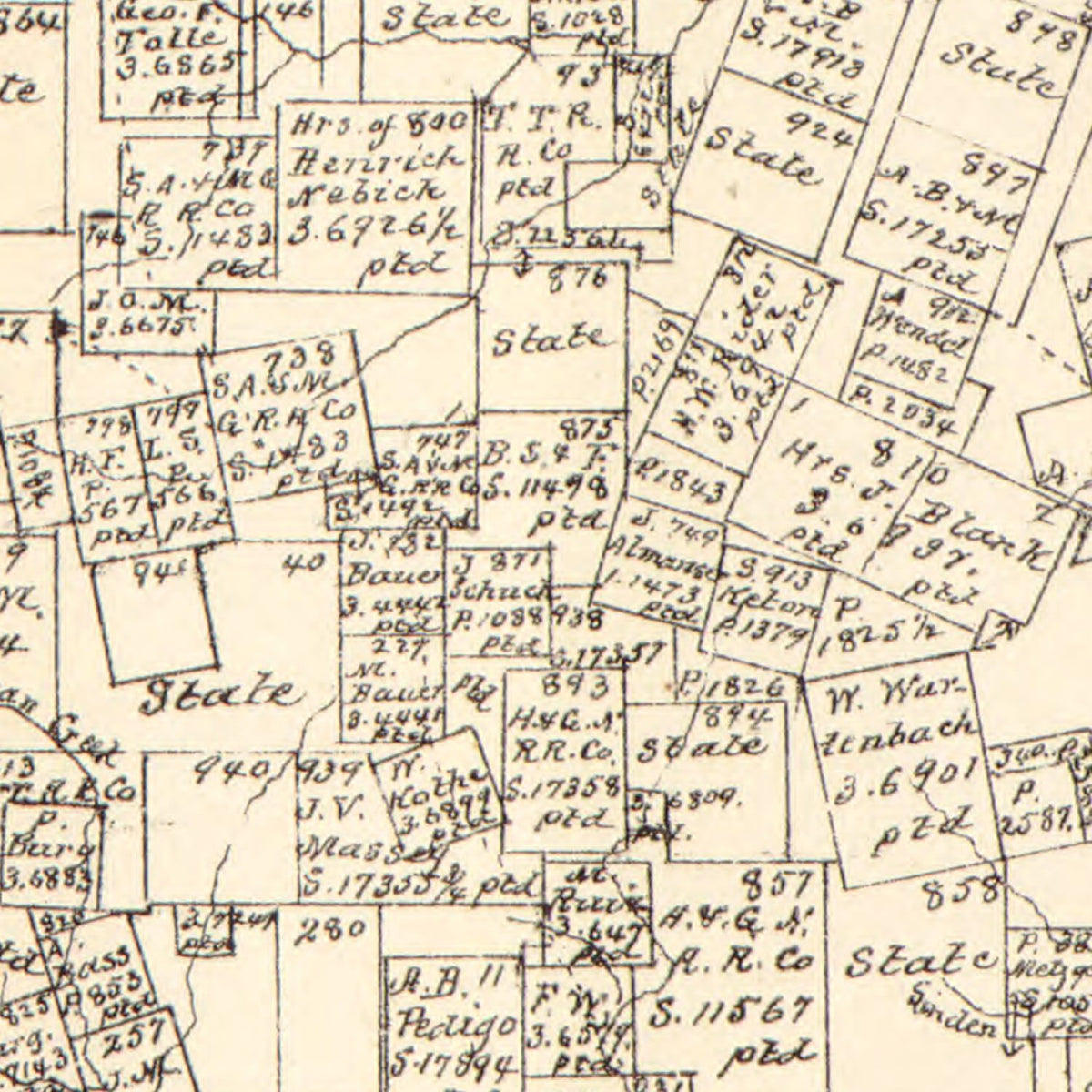 Restored historic details from the 1879 county map of Gillespie County, Texas