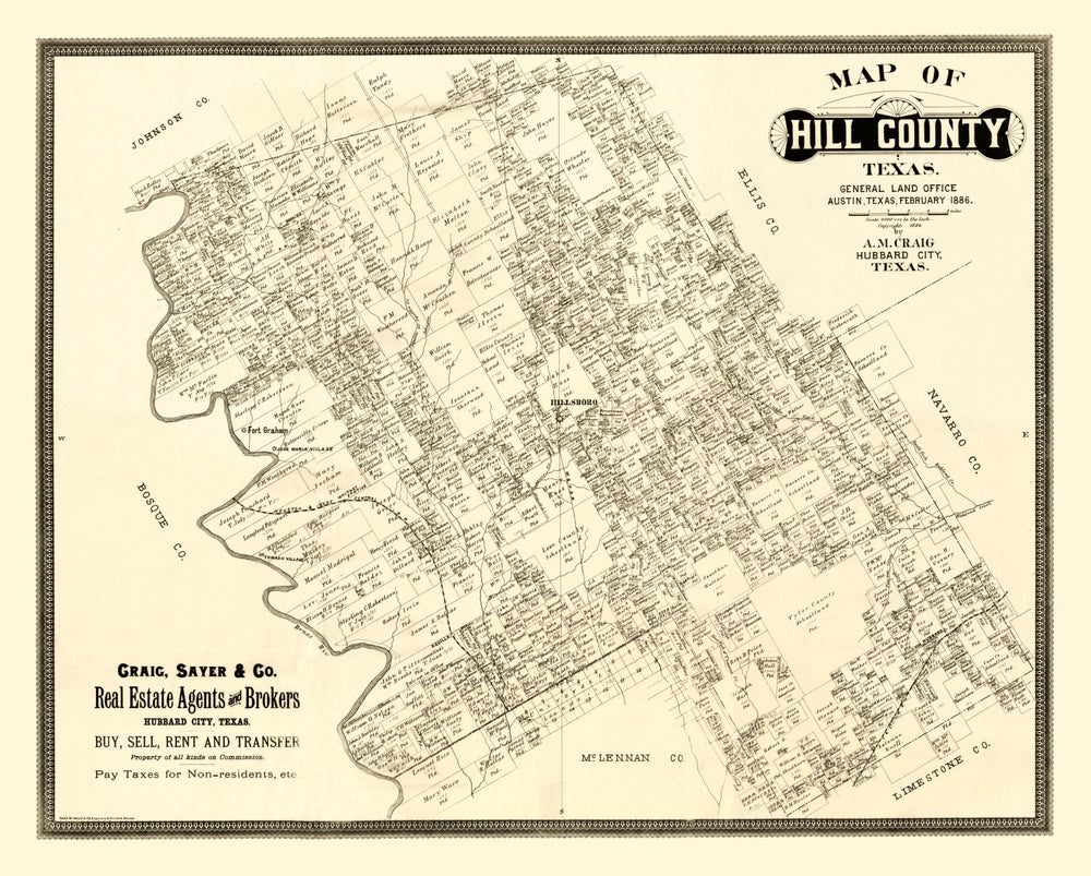 Vintage Map of Hill County, Texas 1886 print style example