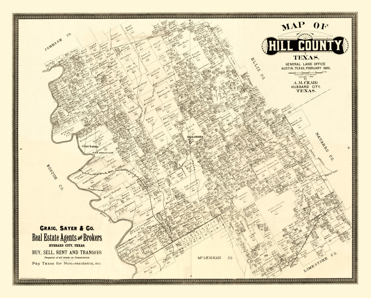 Preview of Vintage Map of Hill County, Texas 1886