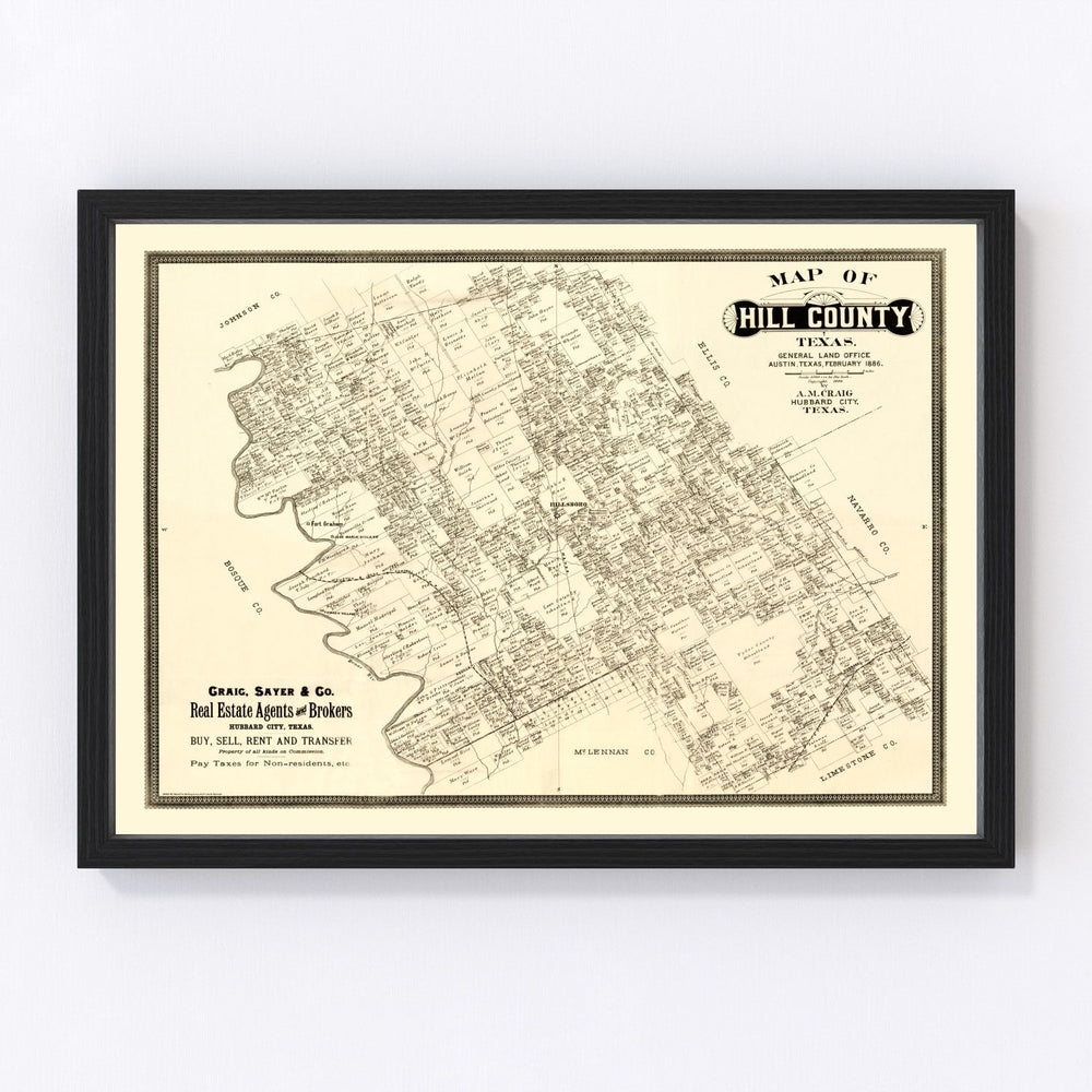 Hill County Vintage Map 1886