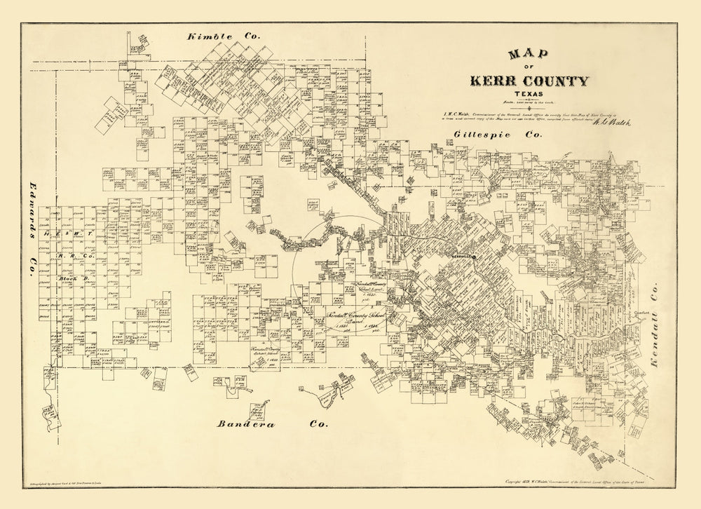 Vintage Map of Kerr County, Texas 1879 print style example