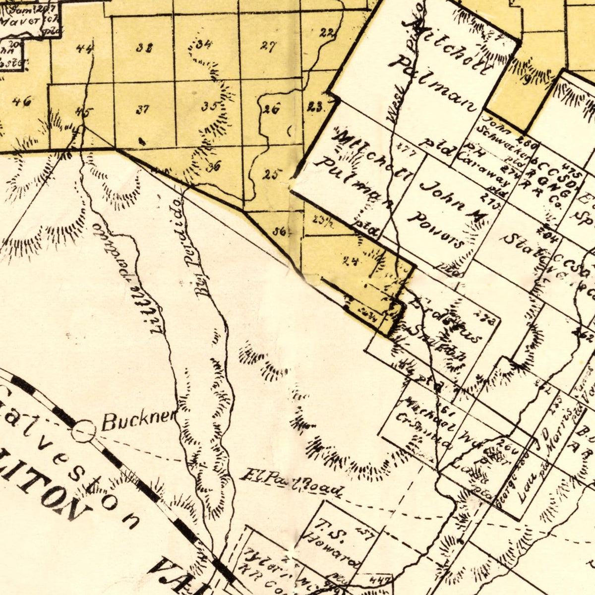 Restored historic details from the 1884 county map of Kinney County, Texas