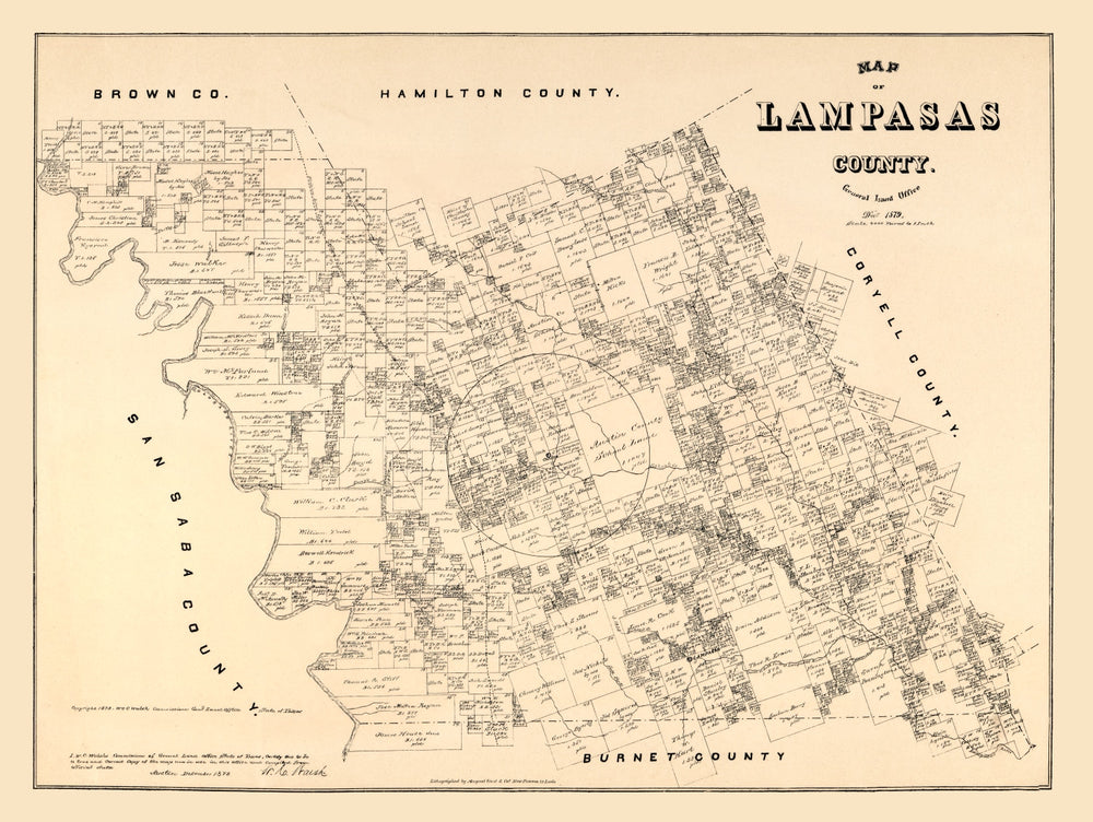 Vintage Map of Lampasas County, Texas 1879 print style example