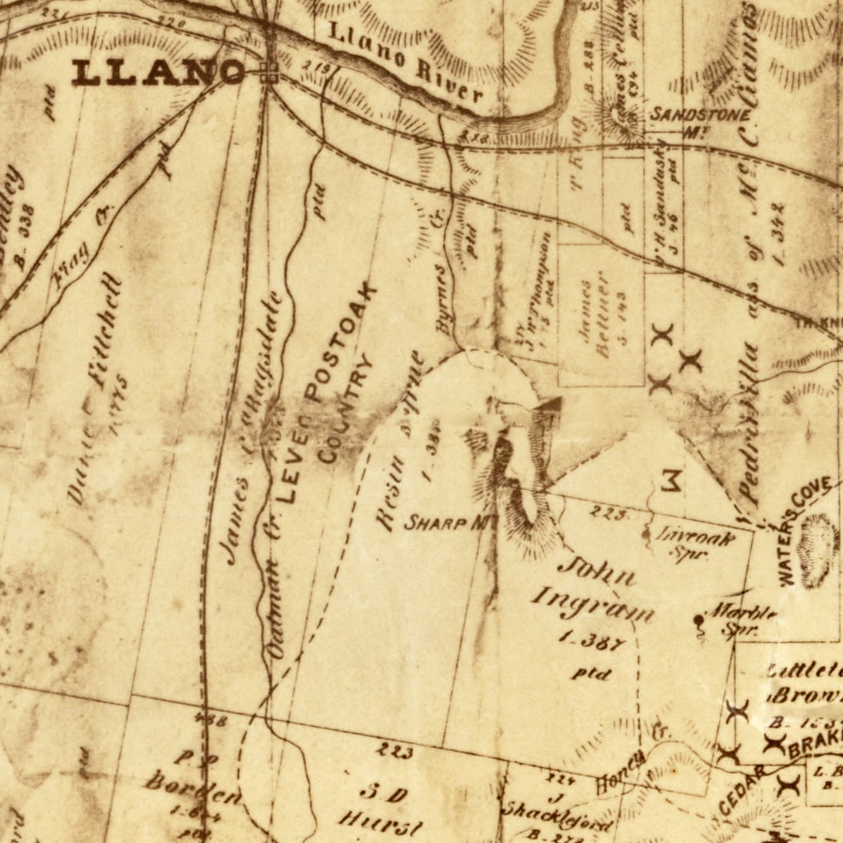 Restored historic details from the 1875 county map of Llano County, Texas