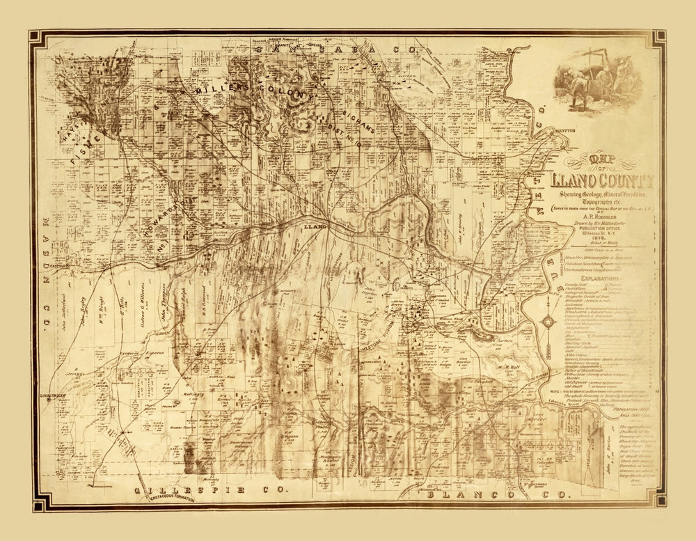Vintage Map of Llano County, Texas 1875 print style example