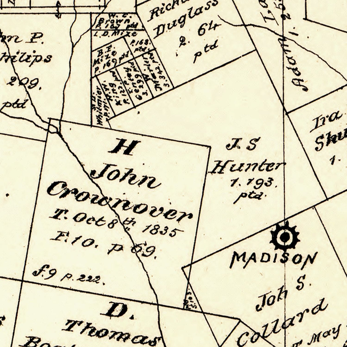 Restored historic details from the 1879 county map of Madison County, Texas