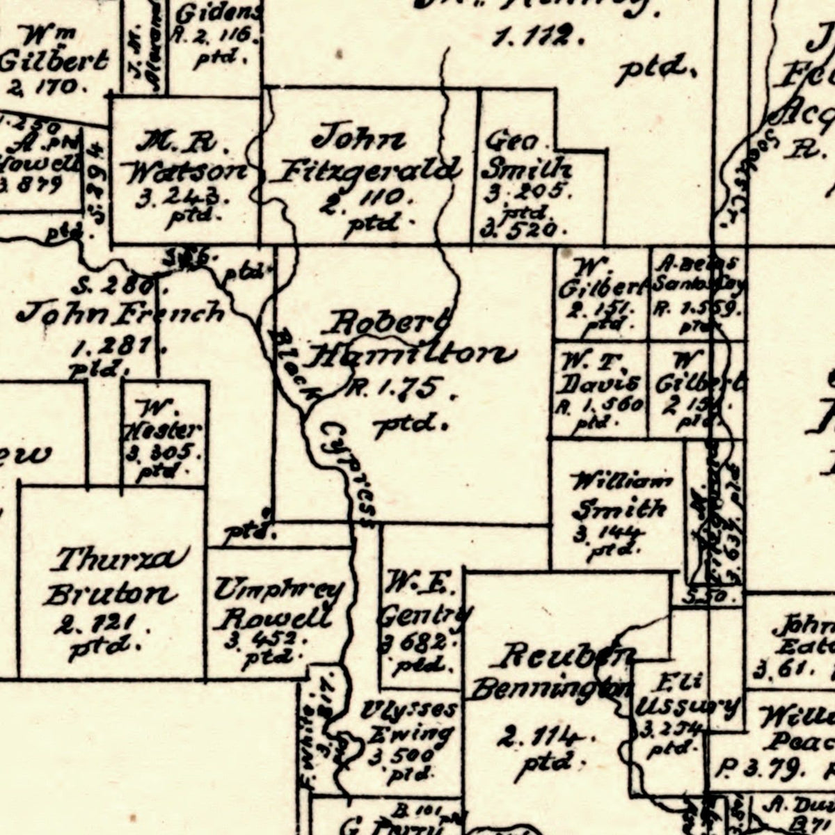 Restored historic details from the 1879 county map of Marion County, Texas