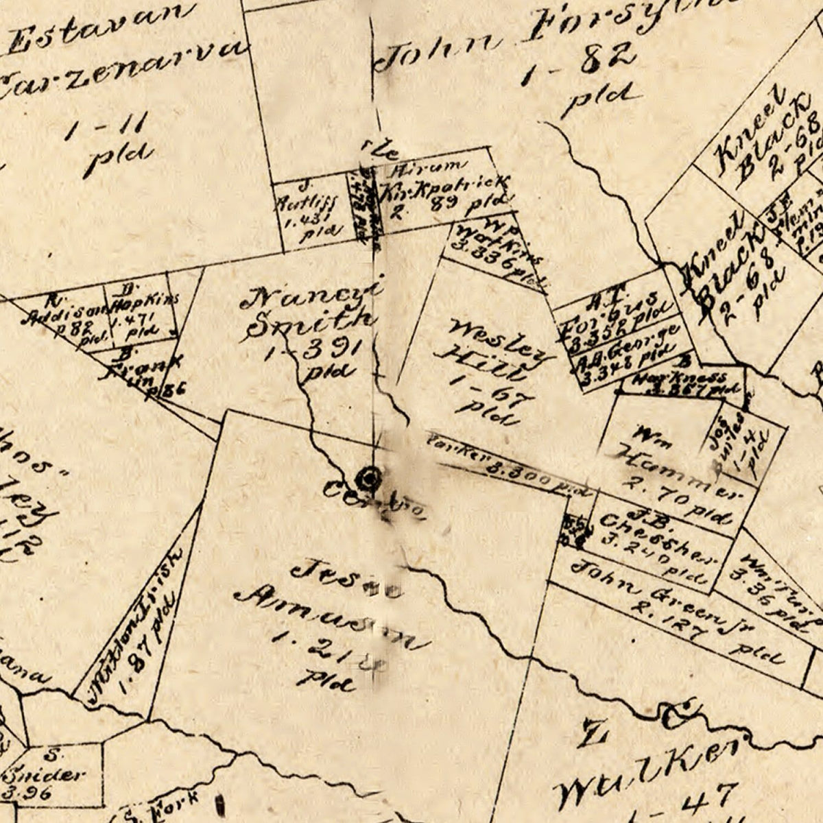 Restored historic details from the 1879 county map of Shelby County, Texas