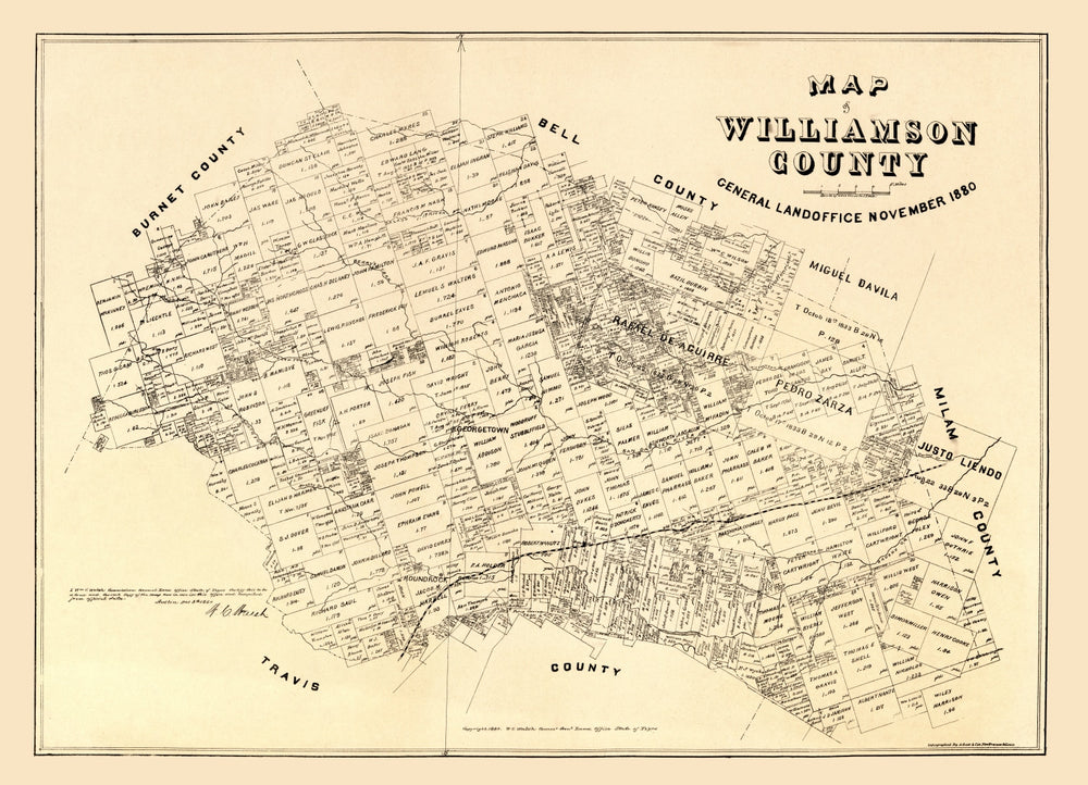 Vintage Map of Williamson County, Texas 1880 print style example