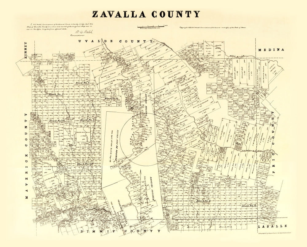 Vintage Map of Zavalla County, Texas 1879 print style example