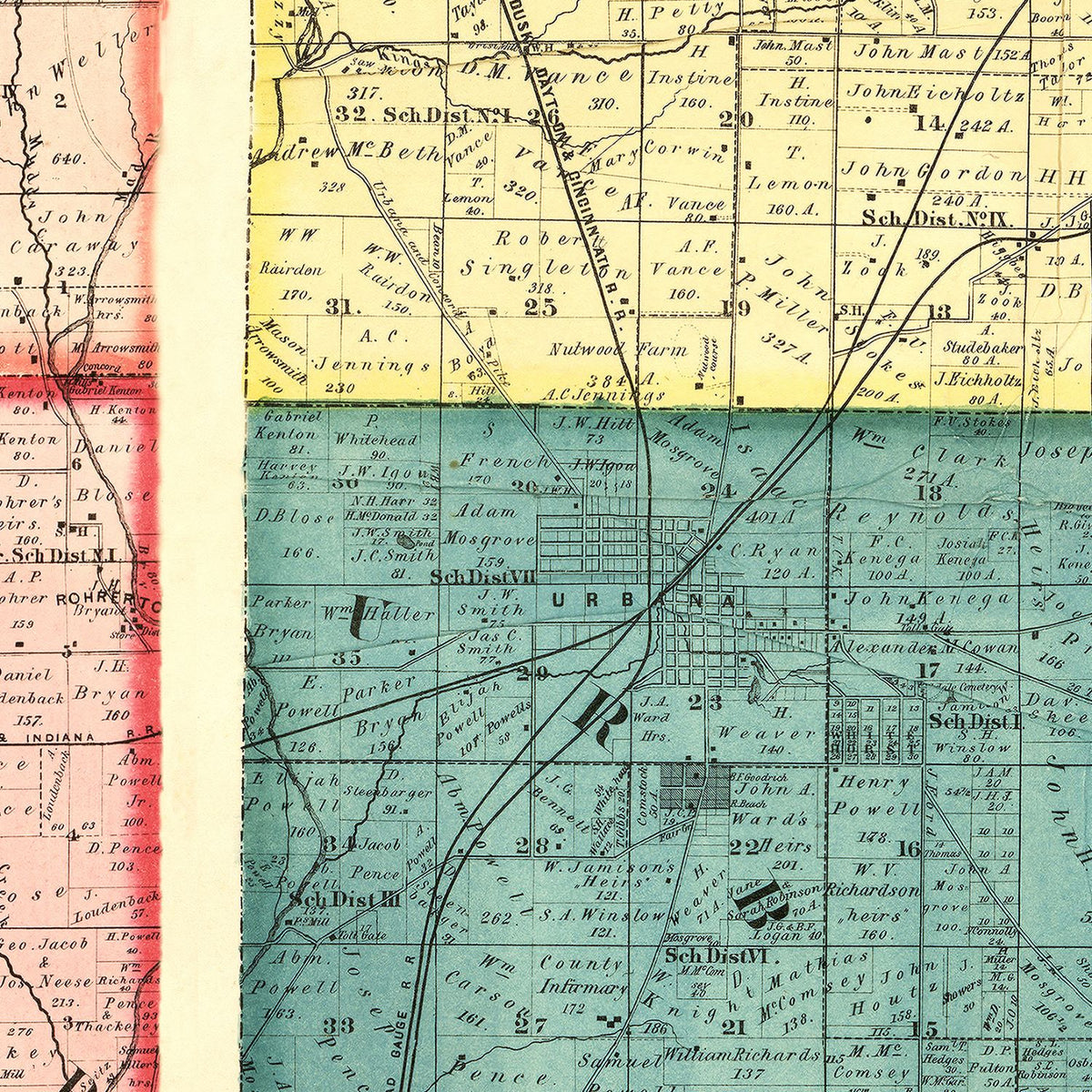 Restored historic details from the 1858 county map of Champaign County, Ohio