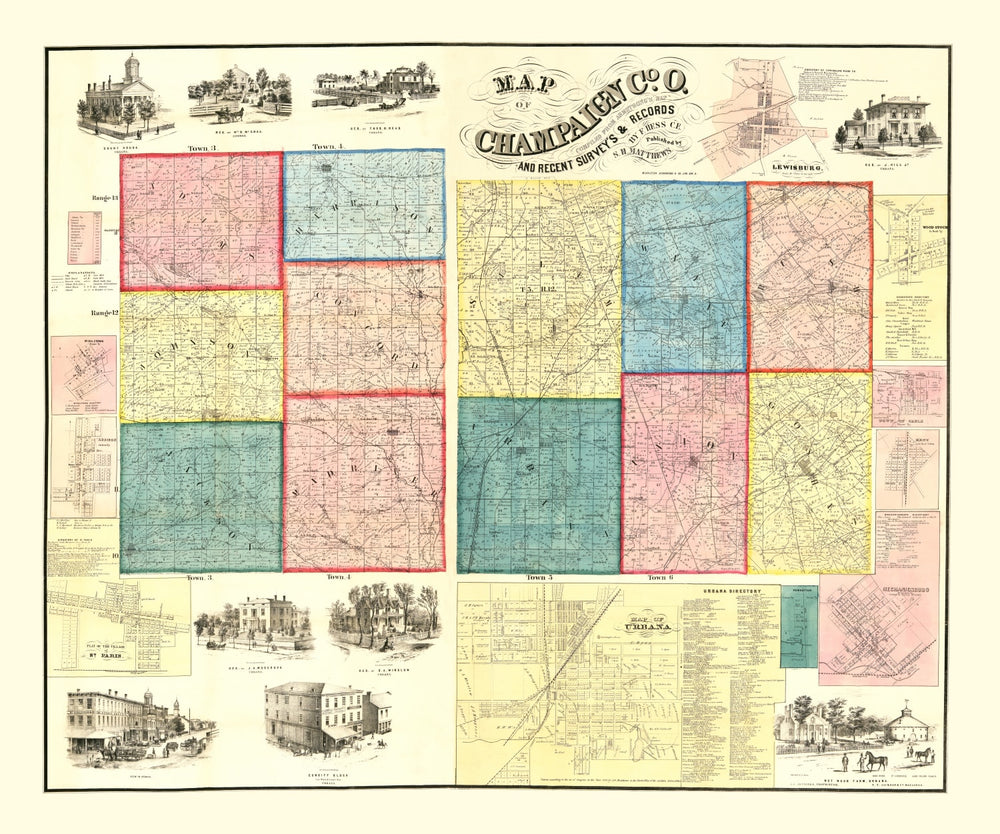 Vintage Map of Champaign County, Ohio 1858 print style example