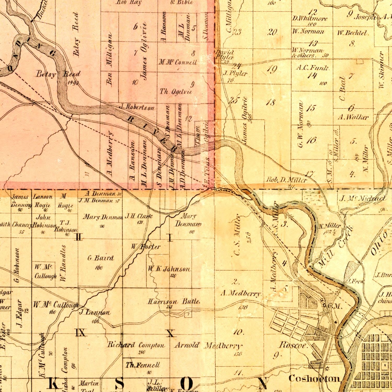 Restored historic details from the 1850 county map of Coshocton County, Ohio