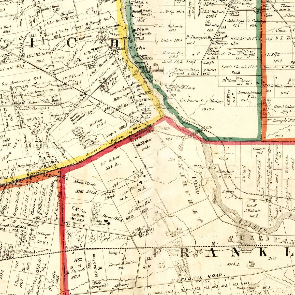 Restored historic details from the 1856 county map of Franklin County, Ohio