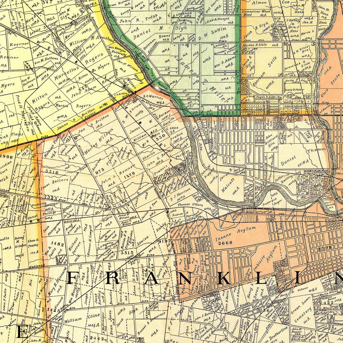 Restored historic details from the 1895 county map of Franklin County, Ohio