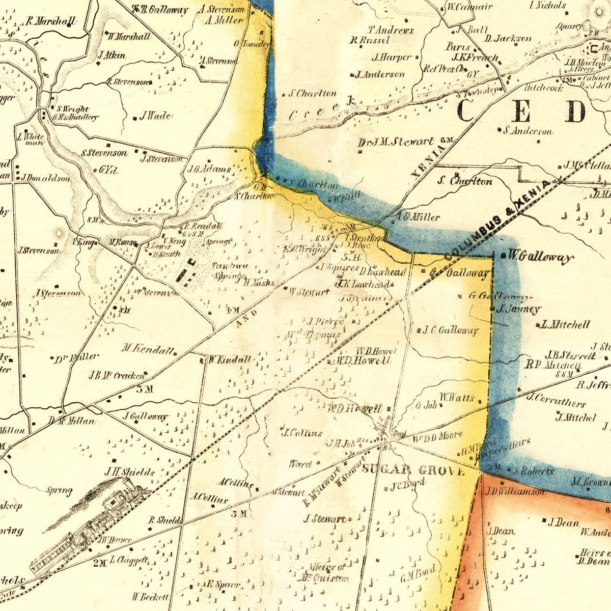 Restored historic details from the 1855 county map of Greene County, Ohio
