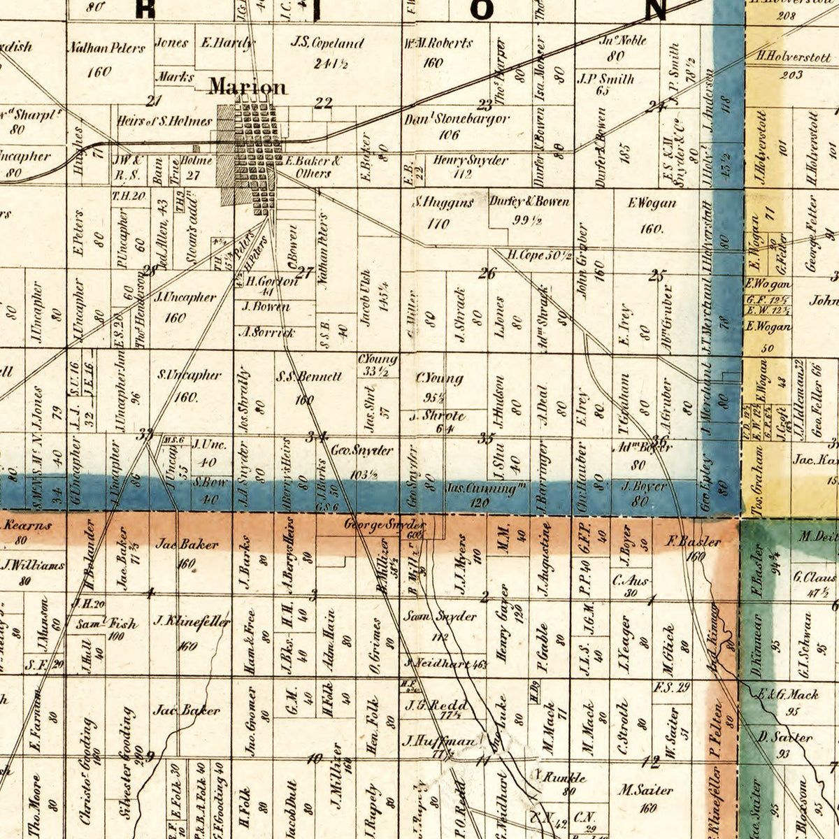 Restored historic details from the 1852 county map of Marion County, Ohio