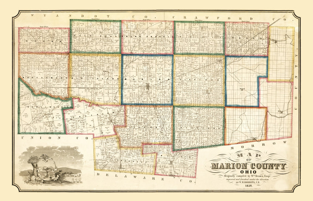 Vintage Map of Marion County, Ohio 1852 print style example