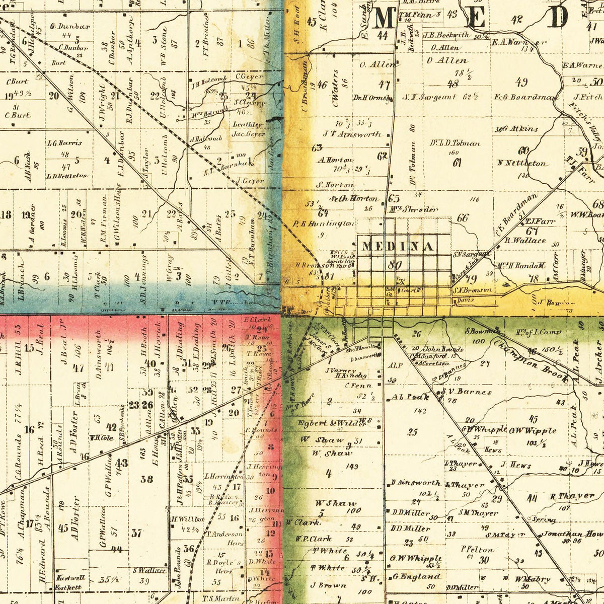 Restored historic details from the 1857 county map of Medina County, Ohio