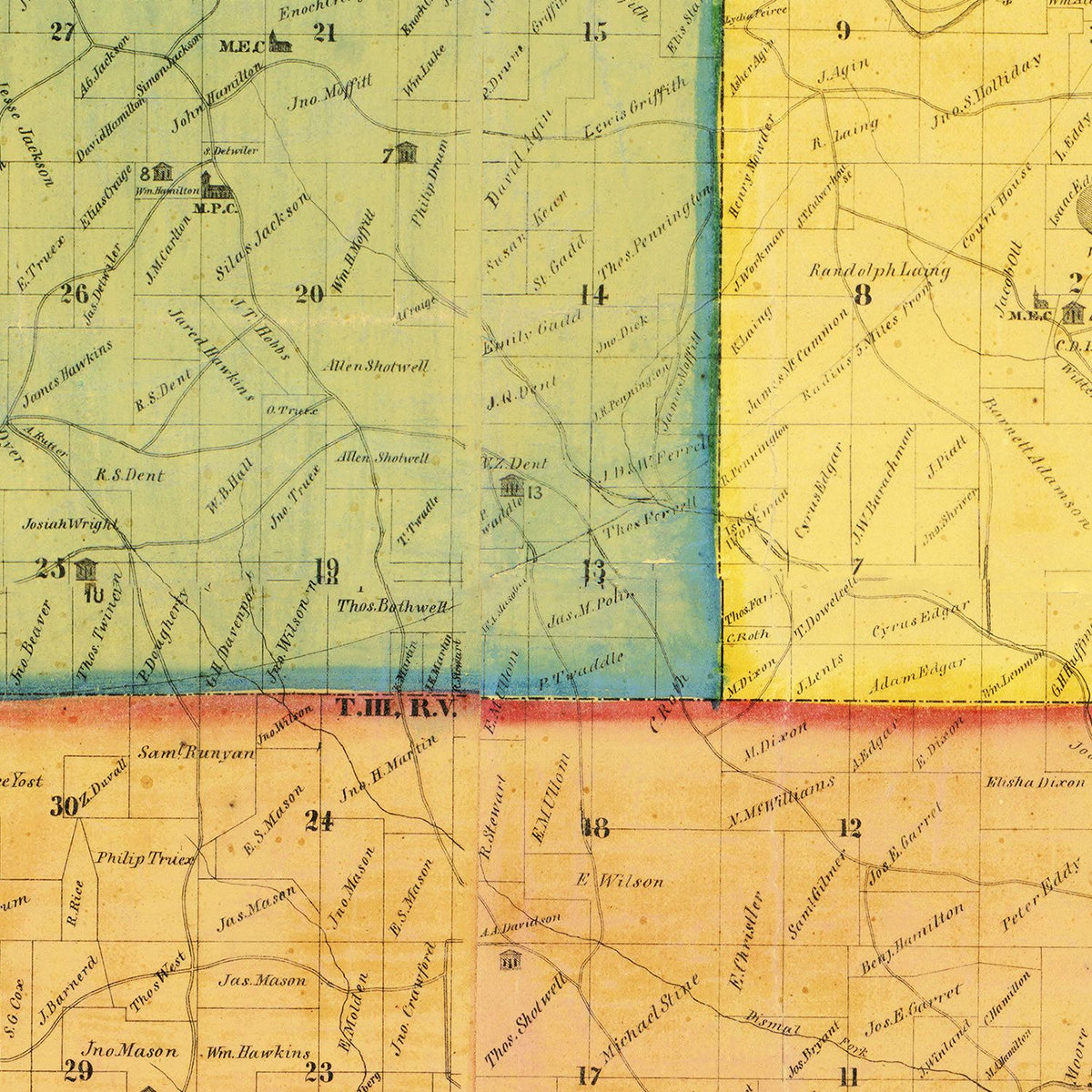 Restored historic details from the 1869 county map of Monroe County, Ohio