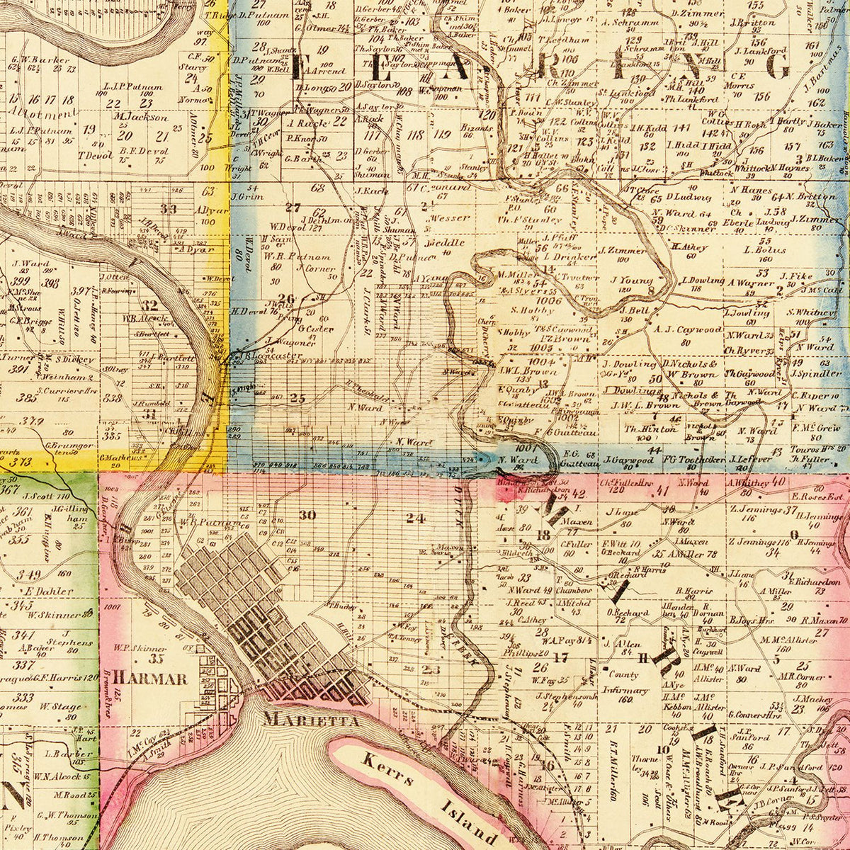 Restored historic details from the 1858 county map of Washington County, Ohio