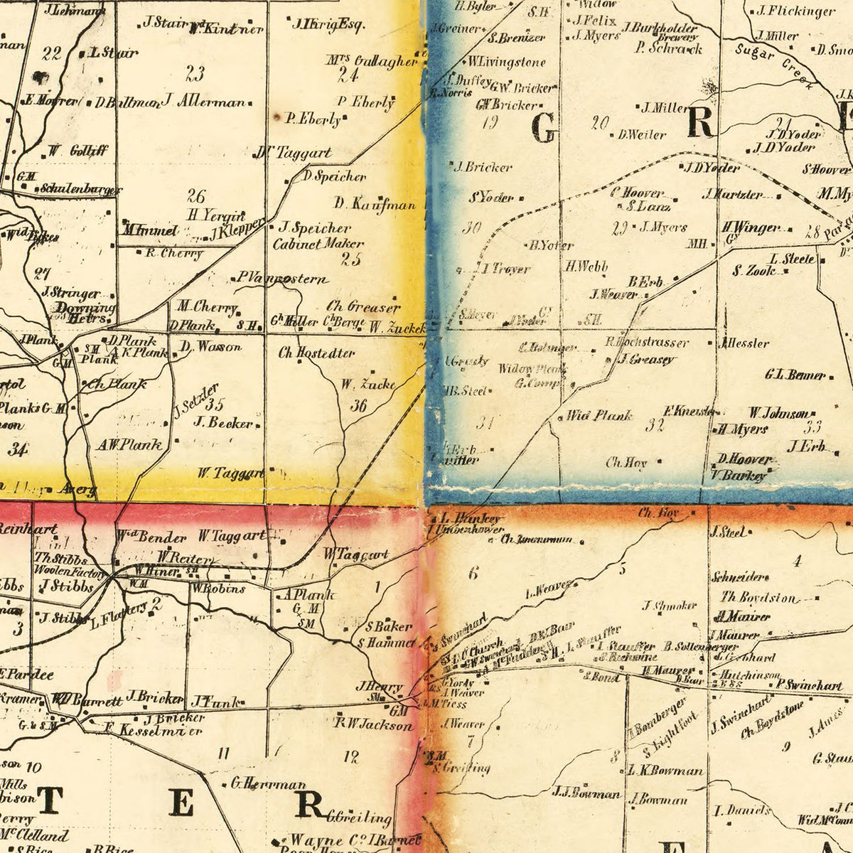 Restored historic details from the 1856 county map of Wayne County, Ohio