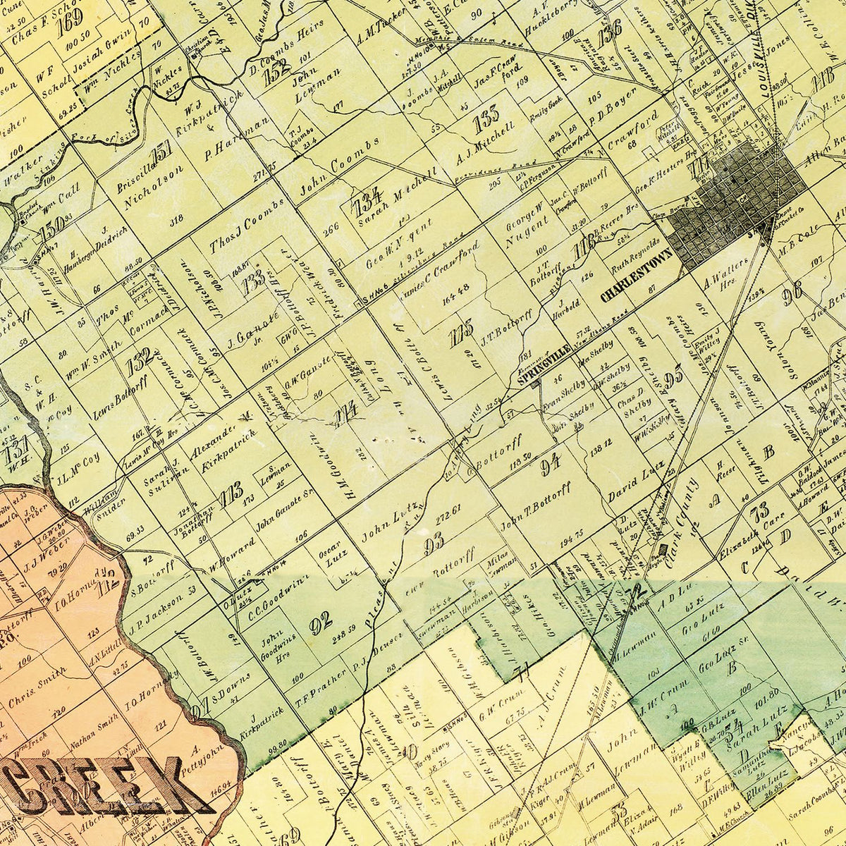 Restored historic details from the 1875 county map of Clark County, Indiana