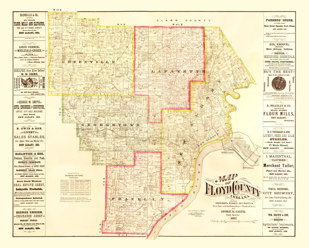 Vintage Map of Floyd County, Indiana 1882 print style example